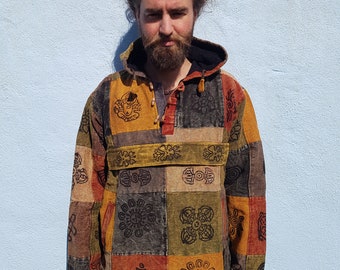 Men and Women's Heavy Cotton Colourful Patchwork Hoody Pullover With Block Print, Earth Tone Colours M L XL XXL
