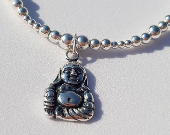 Aurora sterling silver bead stretch bracelet with buddha charm stackable