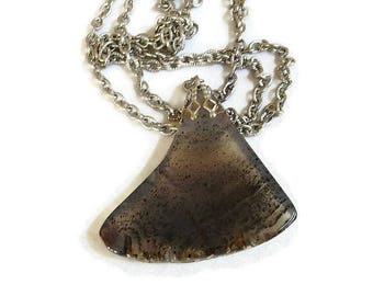 Moss Agate Drop Pendant Necklace Vintage Black & Gray