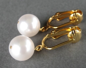 White Pearl Clip On Earrings, Gold Ear Clips, Classic Clip Earrings, Large Pearl Dangle Clipons, Handmade, Round Pearl Clipons