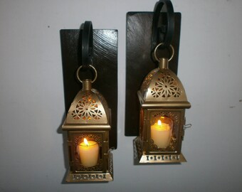 2 Gold Morrocan lantern Sconces Rustic Hanging Lanterns Lantern pair Wall decor Wall sconce Reclaimed Pallet Wrought iron hook