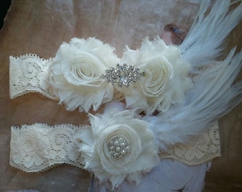 Bridal Garter, Wedding Garter and Toss Garter - Ivory Garter Set with Crystal Rhinestone & Feather - Style G224