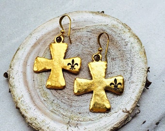 Gold Cross Earrings with Stamped Fleur De Lis