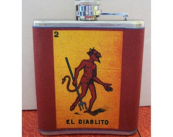 Loteria flask Spanish retro Mexico pop culture kitsch devil