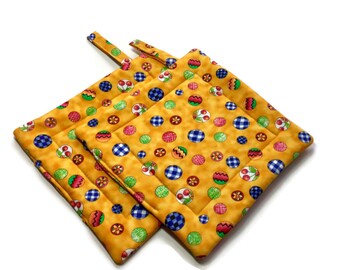 Handmade Quilted Pot Holders Set of 2 Yellow Easter Egg Potholders