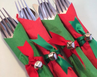 Holiday Flatware with Christmas Bell Napkin Ring, Disposable Christmas Flatware, Holiday Party Tableware