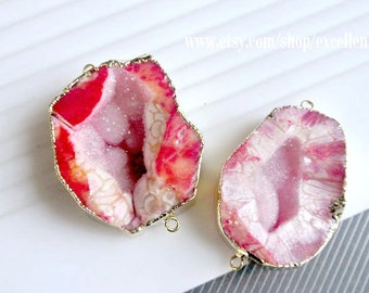 Druzy connector druzy geode connector, agate slice pendant Gold Plated Edge Geode Pendant pink druzy connector, JSP-6856