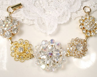 OOAK Rhinestone & Crystal Gold Bridal Bracelet, Old Hollywood Glam Vintage Cluster Earring Bracelet Bridesmaid Gift Wedding Mother Bride