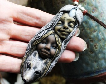 Crone, Mother & Wolf Necklace with Moonstone. Handcrafted Clay. Clay and Gemstone Goddess Necklace.