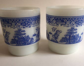 2 Fire King Blue Willow Milk Glass Mugs Cups Stacking Stackable Anchor Hocking