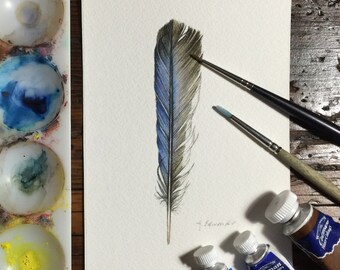Blue Bird Feather - Original Watercolour nightly study