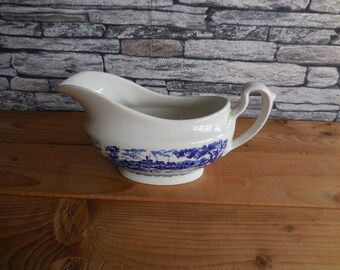 Vintage English blue and white china Ironstone Broadhurst the English scene gravy or sauce boat