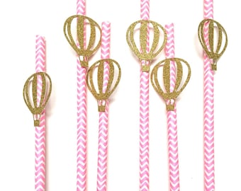 12 pcs hot air balloon gold glitter Paper Straw baby shower birthday blue pink chevron up up and away theme