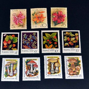 25 mint Russian stamps of Flowers Birds, mushrooms
