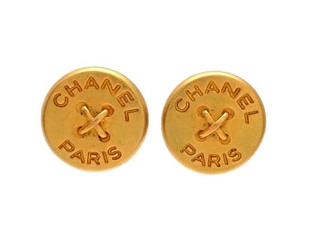 Authentic vintage Chanel earrings gold CC round button logo #ea2029