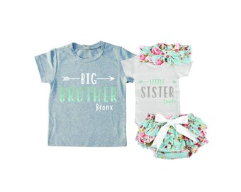 SET Personalized Big Brother/ Little Sister Shirt / Onesie Diaper Cover and Headband set. Matching Big Brother Little Sister Set.