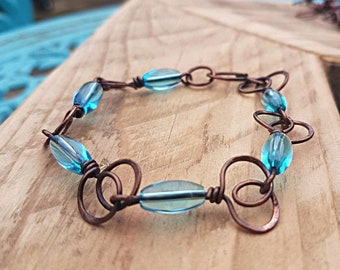 Handmade copper and upcycled blue bead bracelet, beaded bracelet, copper and bead bracelet, copper bracelet, wirewrapped bracelet