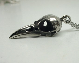 Tiny Raven Skull Necklace, white bronze, 1 inch