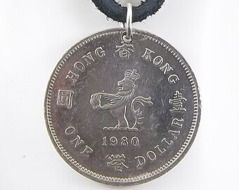 Hong Kong Coin Necklace, 1 Dollar, Coin Pendant, Leather Cord, Mens Necklace, Womens Necklace, 1980