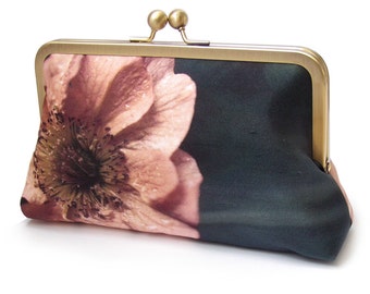 Coral poppy clutch bag, silk purse, bridesmaid clutch, peach flower petals, ORANGE POPPY