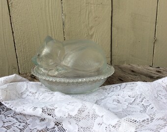 Indiana Glass Cat on Nest Vintage Candy Dish