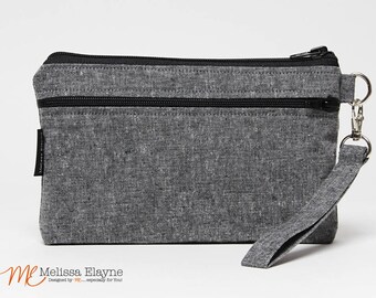 Large Wristlet Wallet for iPhone 8 Plus, Galaxy Note Wristlet Clutch -Charcoal Linen