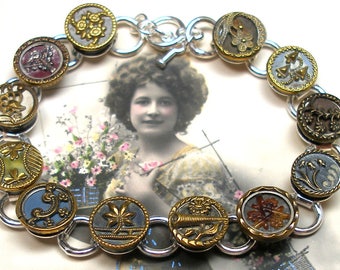 1800s Antique BUTTON bracelet, Victorian flowers, 8.25" button jewellery.
