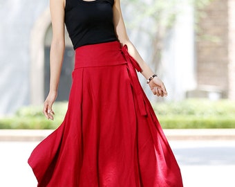 Wrap skirt, linen skirt, wrap linen skirt, linen skirt long, linen skirt pockets, red linen skirt, maxi wrap skirt, linen wear (1025)