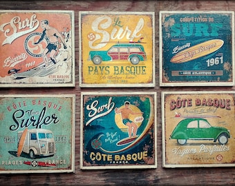 Retro coasters - surf inspired - set of 6 - distressed & patinated