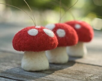 Needle Felted Ornament - Pack of Three Toadstools