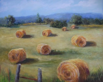 Country Landscape Painting, Round Hay Bales I,Original Oil On 16x20 Canvas by Cheri Wollenberg