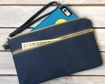 Wristlet; Navy Wristlet Wallet; Zipper Pouch; iPhone 7 Plus Wristlet; Cell Phone Purse; Phone Wallet; Phone Case; Wallet Case