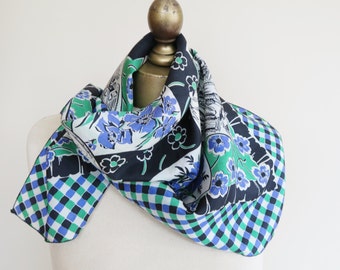 1940s- 50s vintage silk scarf, blue green scarf, pictorial silk scarf, floral square scarf, check scarves, blue green black, mid century