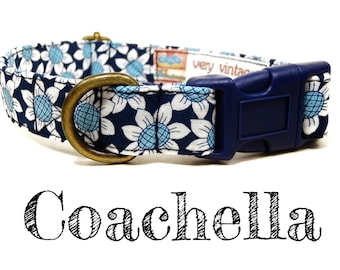 Vintage Inspired Collar - Floral Blue Daisy Dog Collar - Girl Dog Collar - Bohemian Dog Collar - Antique Metal Hardware - "Coachella"