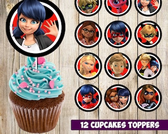 12 miraculous ladybug Cupcakes Toppers instant download, Printable miraculous ladybug party cupcakes Topper, miraculous toppers, 2 INCHES