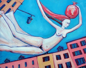 Original oil painting GIRL FLYING with magic pomegranate wall art by Elisaveta Sivas