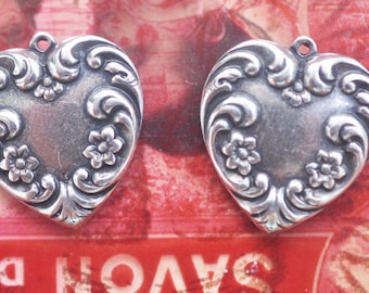 TWO Victorian brass heart charms with flowers, Sterling Silver Finish, brass stampings made in the usa