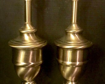 Gorgeous Vintage Matching Pair 27" Antiqued Brass Trophy Lamps Urn Lamps