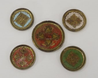 Vintage Florentine Coasters and Bottle Holder set of 5 Shabby Italian Hand Painted Colorful Coasters