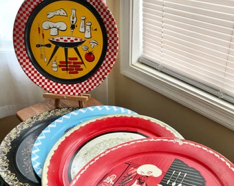A Lot of Five Vintage 1950's Large Tound Metal Trays with a Varity of Mid Century Themes