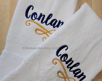 Last Name + Scroll SET OF 2 Monogrammed Hand Towels - Choose thread colors + towel colors