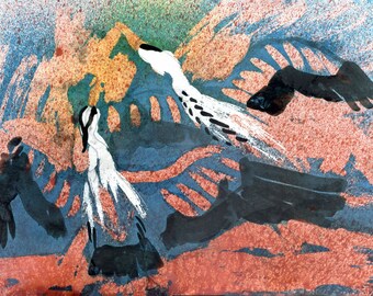 TWO HERONS - Original Wax Encaustic - Bird Painting - ElizabethAFox - Nature Painting - Bird Series 1