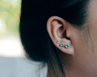 March Birthstone Aquamarine Ear Climbers Sterling Silver