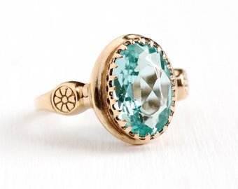 Created Spinel Ring - Vintage 10k Rosy Yellow Gold Simulated Aquamarine Statement - 1940s Size 6 3/4 Oval Aqua Blue Flower Fine Jewelry