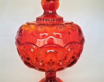 LE Smith Red Amberina Pedestal Compote, Large Moon and Stars Compote, Moon and Stars Pedestal Candy Dish,