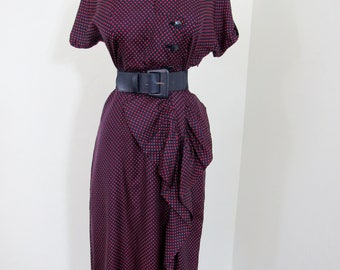 Sophisticated 1950s Red & Navy Polkadot Rayon Dress with Elaborate Hip Detail