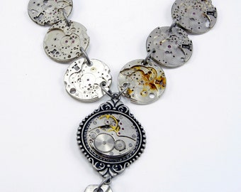 Steampunk Necklace with Vintage Watch "skeletons" and Fob