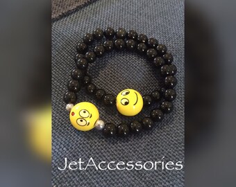 Emoticon, Emoji novelty Bracelet, Black onyx beads, Beaded bracelet, fun bracelet, funny gift, yellow emoji, smiley face bracelet