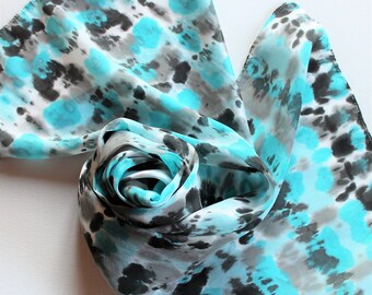 Hand Painted Silk Scarf - Handpainted Scarves Tie Dyed Turquoise Light Blue Aqua Black Gray Grey Silver Dye White