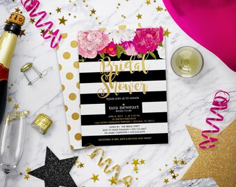 Bridal Shower Invitation | Floral Bridal Shower Invitation | Kate | Stripes Striped Invite | Gold | Black White | Print Your Own | Spade